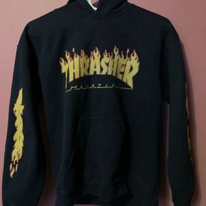 Vintage Thrasher Magazine Flaming Sword Logo Hoodie SMALL Black Flames